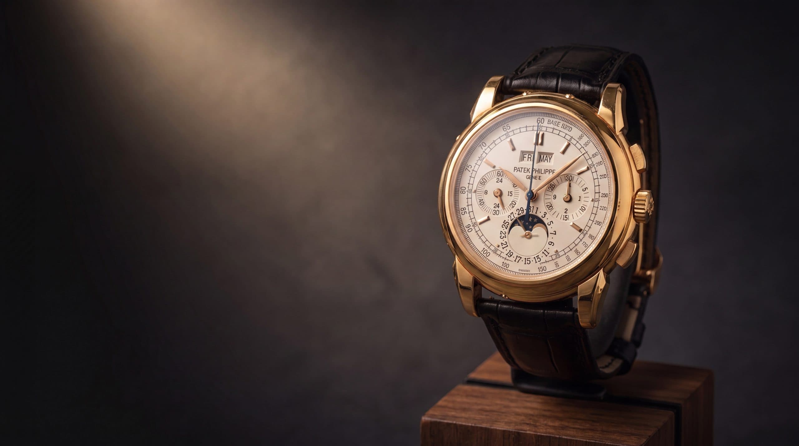 Patek Philippe perpetual calendar chronograph on a wooden stand